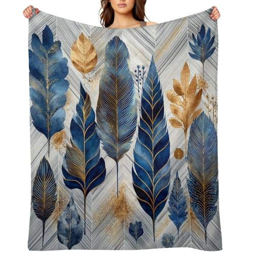 Blanket Luxury Feather Leaf Plant Blue Throw Blanket for Women Men, 50"x60" Golden Foliage Plush Flannel Throws, Decor for Bed Couch Bedroom - color: Luxury Feather Leaf Plant Blue, size: 50"x60"