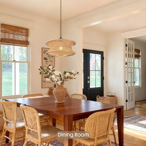 13" Boho Rattan Pendant Light Fixture, Hand Woven Hanging Ceiling Lamp for Kitchen Island, Dining Room, Entryway, Small Rustic Natural Woven Lighting