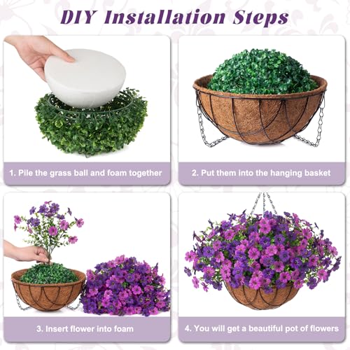 Artificial Silk Flowers Hanging Baskets Outdoors Indoors, Daisy with Eucalyptus Leaves Arrangement for Garden Yard Spring Summer Decor Faux Green Plant Metal Coconut Lining (Dark Purple Purple) - color: Dark Purple & Purple