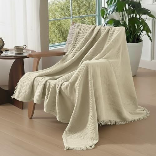 KyraHome 100% Organic Cotton Throw Blankets for Adults, Couch 50"x60", Muslin Blanket, Pre-Washed Plant-Dyed, Breathable Lightweight Summer Throw Blanket, All Season (Oatmeal Khaki Tan) - color: Oatmeal Khaki, size: Throw
