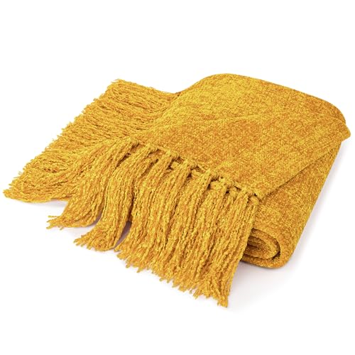 PAVILIA Mustard Yellow Chenille Blanket for Twin Size Bed, Soft Gold Knit Throw with Decorative Tassel Fringe, Blanket for Sofa Couch Living Room Decor Gift, Yellow Twin 60x80 - color: Mustard Yellow, size: 60 X 80 Inches - Twin