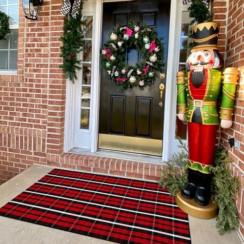 Buffalo Plaid Outdoor Rug Christmas Door Mat Christmas Decor Welcome Rug Cotton Hand-Woven Layered Door Mats for Front Porch, Kitchen, Farmhouse, Entryway (27.5"x43", Red/Black/White) - color: Red/Black/White Plaid, size: 2'4" x 3'7" (Rectangular)