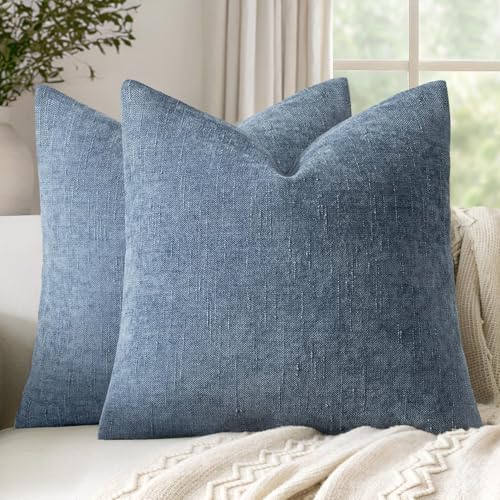 Set of 2 Textured Throw Pillow Covers Decorative Soft Accent Square Chenille Pillowcases Neutral Farmhouse Cushions Modern Home Decor for Couch Sofa Bedroom Living Room 18x18 Inch,Blue Gray - color: Blue Gray, size: 18" x 18" (Pack of 2)