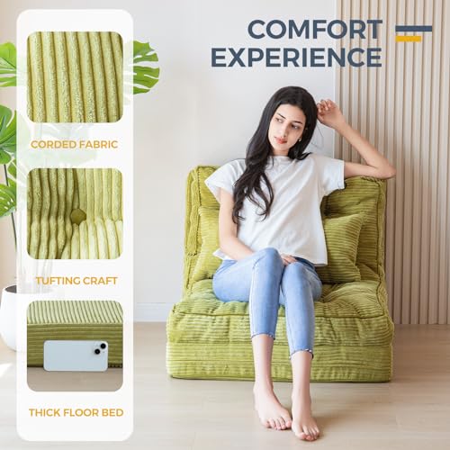 MAXYOYO Folding Sofa Bed, Tufted Bean Bag Bed with Pillows Floor Couch for Adults, Extra Thick and Long Floor Sofa, Single Couch for Bedroom Living Room, Green, 30x91 Inch - color: Green, size: Tufted Single