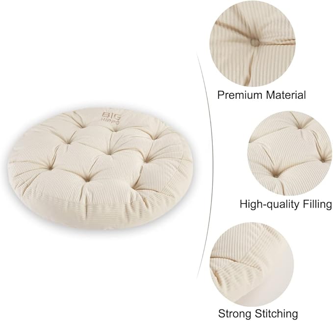 Big Hippo Floor Pillow Cushion, 22 Inch Round Seat Cushions Thick Meditation Cushion for Yoga Living Room Sofa Balcony Indoor & Outdoor (Beige)