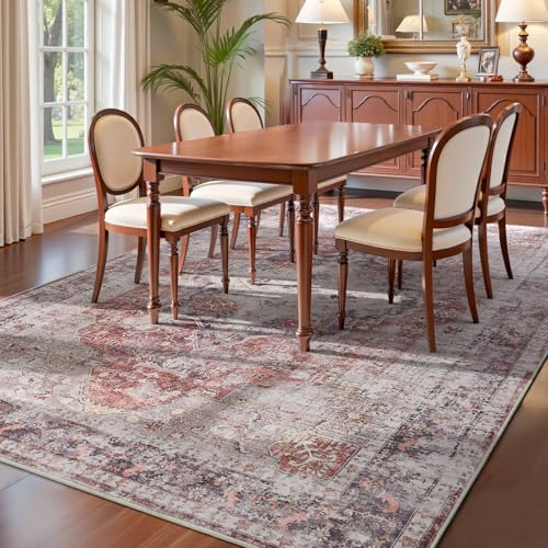 YOH Boho Washable Rug 4x6, Rust Red Vintage Non Slip Area Rug, Distressed Indoor Carpet for Living Room Bedroom Kitchen Office - color: A-rust Red, size: 4' x 6' (Rectangular)