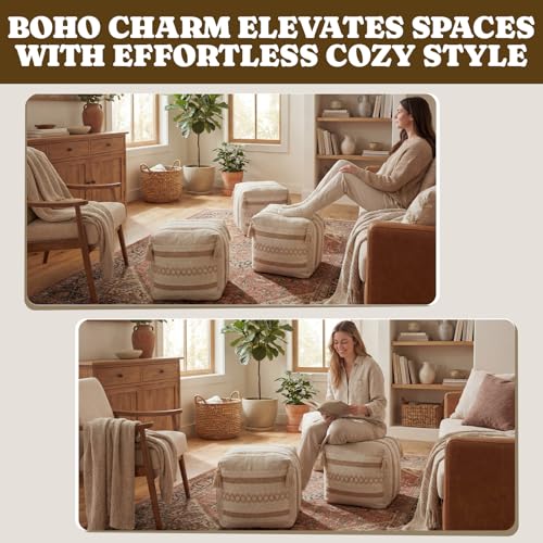 Boao 2 Pcs Unstuffed Boho Ottoman Pouf Cover 16"x16"x16" Textured Storage Cube Bean Bag Pouffe Footrest Washable Storage Bean Bag Chair Floor Pouf Covers for Living Room Bedroom Indoor(Beige,Rattan) - color: Beige, style: Rattan