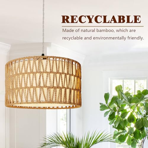 HuisMier Plug in Pendant Light Rattan Hanging Lamp 15 Ft Boho Hanging Lights with Rattan Woven & Fabric 2 in 1 Shade, Dimmable Plug in Pendant Light for Living Room Bedroom Dining Room - color: Beige and White