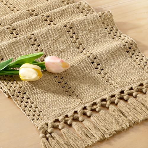 Socomi Boho Table Runner Summer Farmhouse Rustic Dining Kitchen Centerpiece Decor Small Macrame Woven Cotton Linen Coffee Table Runner for Dresser Scarf Home Decor 12x36 inch Champagne - color: Champagne, size: 12" X 36"