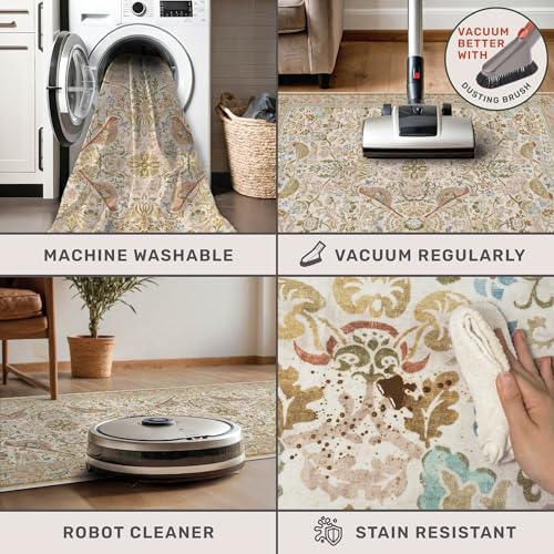 Beige Boho Bathroom Rugs 2x3 Washable Non Slip - Soft Low Pile Small Throw Rug for Entryway, Kitchen, Powder Room - Unique Farmhouse Bird & Pattern Botanical Decorative Door Mats - color: Beige, size: 2' x 3' (Rectangular)