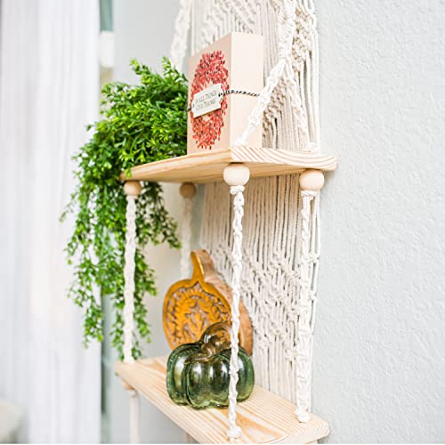 SnugLife 2 Tier Macrame Wall Hanging Shelf with Woven Rope - Boho Pine Wood Shelves for Plants, Bathroom, Kitchen - size: 2 Tier