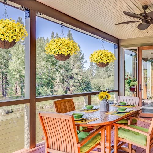 Artificial Fall Flowers Fake Hanging Plants Flowers Basket for Outdoors Autumn Decoration, Yellow Silk Morning Glory with Eucalyptus Look Real UV Resistant Faux Flowers for Outside Porch Patio Balcony - color: Yellow