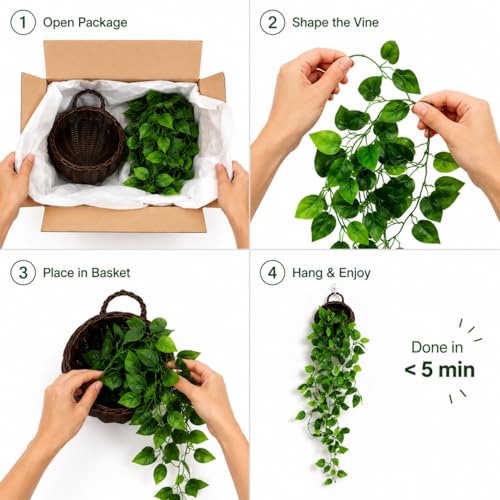 ANZOME Artificial Hanging Plant with Woven Wicker Basket, 3.5ft Faux Ivy Vine, Renter-Friendly No-Drill Wall Decor for Living Room Bedroom, Hooks & Everything Included (Minimal Odor, Pet-Friendly) - color: Dark Brown+chain Ivy
