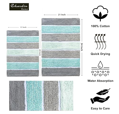 Chardin home Cordural Stripes Bath Mat, Set of 2 Bath Rugs (17 Inches x24 Inches & 21 Inches x34 Inches) | Non Slip Bathroom Rug, Machine Washable, Plush, Highly Absorbent | Mint Green & Grey - color: Mint Green & Grey