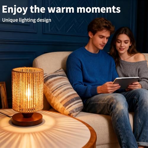 Handmade Rattan Lamp Boho Table Lamp for Bedroom, Stepless Dimming Small Woven Lamps for Night Stands with Warm White LED Bulb, Coastal Boho Lamp for Living Room Reading Nook Office Desk - color: Bohemian - Dimmable