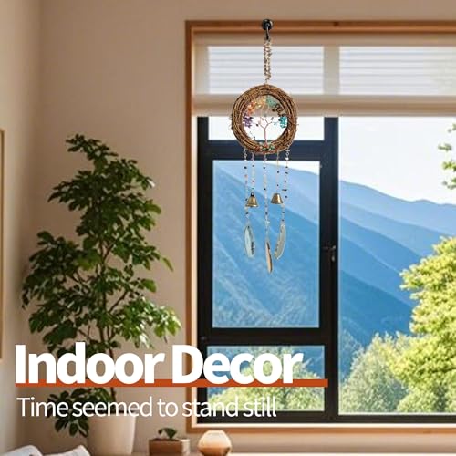 Handmade Natural Rattan Dream Catcher with Gemstones, Wind Chimes & 6-Color Life Tree–Boho Wall Hanging Decor for Home, Bedroom, Garden–Unique Gift for Housewarming, Birthday, Christmas - style: Rattan-Whine
