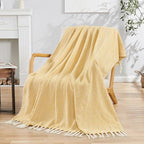 Herringbone Knitted Two Tone Throw Blankets with Braided Tassel Fringe, Boho Farmhouse Lightweight Turkish Throw Blanket for Couch Bed Sofa, Picnic, Yoga, Outdoor Blanket, 50 x 60 Inch, Yellow - color: Yellow