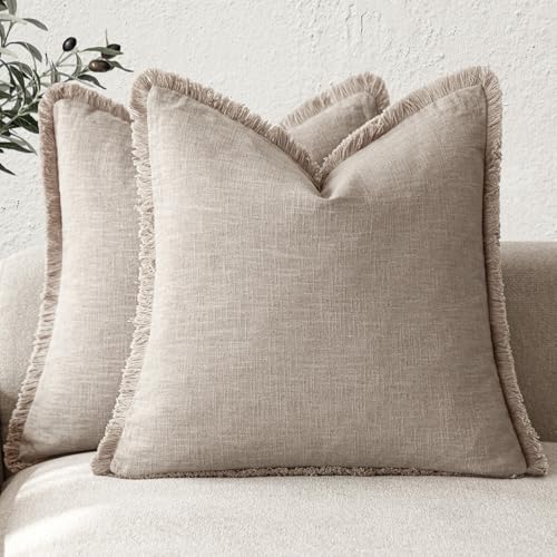 Foindtower Set of 2 Decorative Linen Fringe Throw Pillow Covers Farmhouse Cushion Cover with Tassels Soft Accent Pillowcase for Couch Chair Sofa Bed Living Room Home Decor,16×16 Inch,Natural Linen - color: Natural Linen, size: 16" x 16" (Pack of 2)