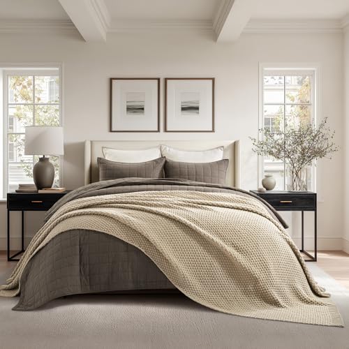 EVERGRACEHOME Chunky Chenille Knit Throw Blanket for Couch, Soft Luxurious Oversized Queen Moss Stitch Blanket for Bed, Cozy Farmhouse Knitted Throw for Sofa, Sand Dune, 90" x 90" - color: Sand Dune, size: 90" X 90"