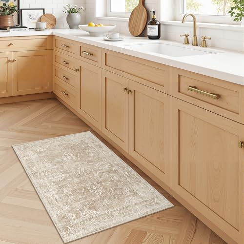 Madane 2x3 Washable Rugs for Entryway, Low Pile Non-Slip Small Area Rug Kitchen Door Mat, Vintage Soft Throw Neutral Rug Floor Mat for Indoor Front Entrance Bathroom Hallway (2 x 3, Beige/Brown) - color: Beige/Brown, size: 2' x 3' (Rectangular)