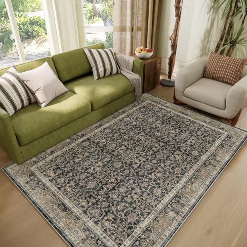 Washable 4x6 Rugs for Living Room, Boho Non-Slip Vintage Distress Small Rugs for Bedroom Nursery Office, 0.3" Neutral Oriental Throw Thin Carpet with Cushioning Pad,Black/Blue/Multi,A1 - color: Black/Blue/Multi, size: 4' x 6' (Rectangular)