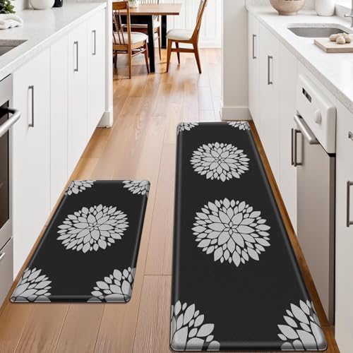 Kitchen Mats for Floor [2PCS], Soft Anti Fatigue Kitchen Rugs for Home, Water Resistant Cushioned Standing Desk Mats, Non-slip Comfort Mat for Floor, Kitchen, Office, Sink, Laundry, Black - color: Black, size: 17.3" x 59" + 17.3" x 30"