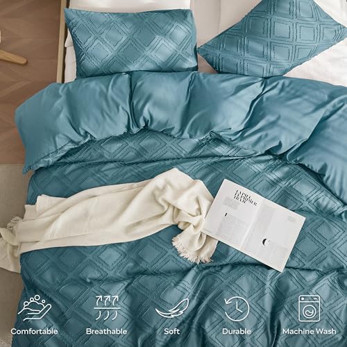 JELLYMONI Duvet Cover King Size Grayish Blue - 3PCS Boho Duvet Cover Set Plaid Polyester Tufted Bohemian Jacquard Knit Textured Comforter Cover 104×90in Rhombic Geometric Pattern Zipper Corner Tie - color: Grayish Blue-grid, size: King(104"×90")