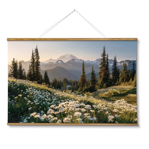 VIYYIEA Extra Large Size Canvas Wall Art, 36x54 Inch Mountain Landscape Scroll Painting with Wildflowers and Pines, Oversized Nature Wall Hanging for Living Room, Bedroom, or Office Decor - color: Evening in the Mount Rainier Range