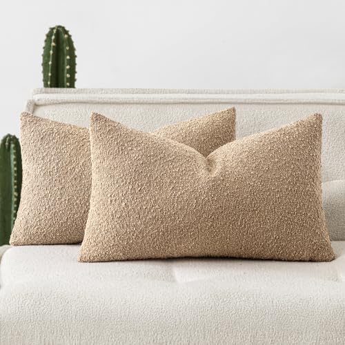 Pack of 2 12x20 Inch Decorative Boucle Throw Pillow Covers Textured Lumbar Pillowcaes Accent Solid Cozy Soft Cushion Covers Home Decor for Sofa Couch Living Room Home Decor,Khaki - color: Khaki, size: 20" x 12" (Pack of 2)