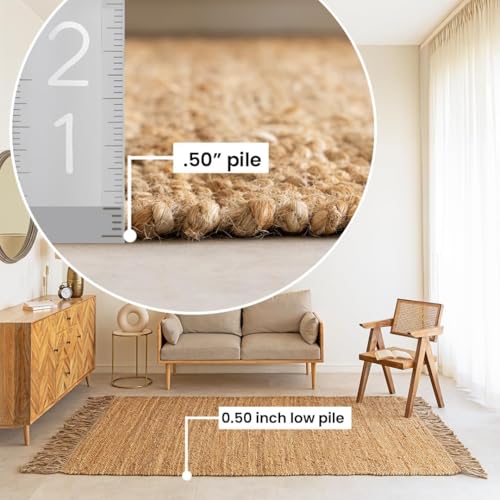 HOMEMONDE Braided Jute Area Rug with Tassels 4'x6' Natural Handwoven Chunky Boho Home Décor Vintage Farmhouse Style Rug - for Bedroom, Living Room, Dining Room Kitchen, and Hallway - size: 4' x 6' (Rectangular)