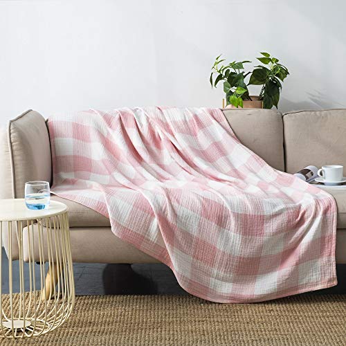 Cotton Muslin Throw Blanket with Buffalo Check Pattern, Vintage Indoor and Outdoor Use, Reversible and Breathable Fabric for Yard Picnics, 47" x 60" Bedding or Chair Cover, Pink - color: Root={'value': "['Pink']"}, size: \'Travel (47" x 60")\'