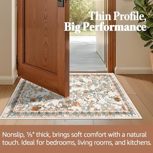 jinchan Eden Floral Washable Runner Rug 2x5 Vintage Hallway Rug Non-Slip Lightweight Soft Thin Kitchen Low Pile Distressed Orange Fall Decor Carpet for Bathroom Laundry Room Bedroom Entryway - color: Eden Orange, size: 2' x 5' (Runner)
