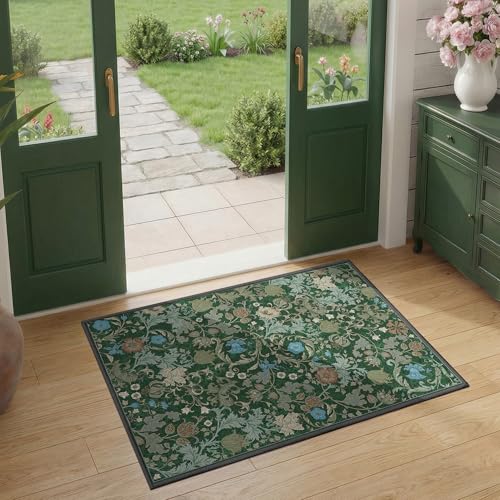 Forest Green Washable Floral Area Rug 2x3, Vintage Farmhouse Botanical Rug, Non Slip Low Pile Thin Floor Soft Small Accent Rug for Entryway Bedroom Living Room Kitchen Doorway Stain Resistant - color: Green, size: 2'x3'