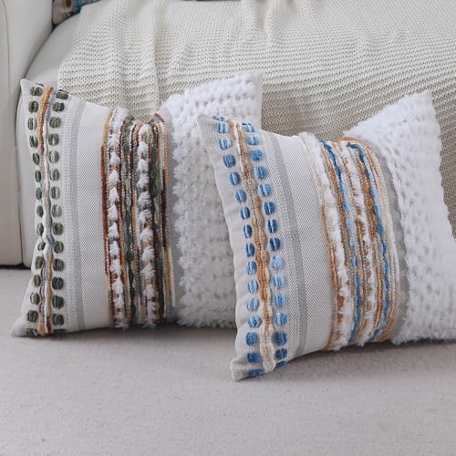 Boho Throw pillow covers 18x18 set of 2 farmhouse decorative Couch pillow covers neutral Accent throw pillows covers striped outdoor cushion covers square textured chenille pillow cases for sofa bed - color: Z Caramel Green