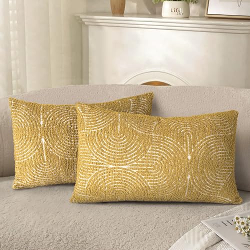 AELS Boho Decorative Textured Throw Pillow Covers 12x20, Organic Modern Mid Century Rainbow Tufted Pillow Case, Farmhouse Rustic Geometric Woven Cushion Case for Bed Couch Sofa, Mustard Yellow - color: Mustard Yellow, size: 20" x 12" (Pack of 2)