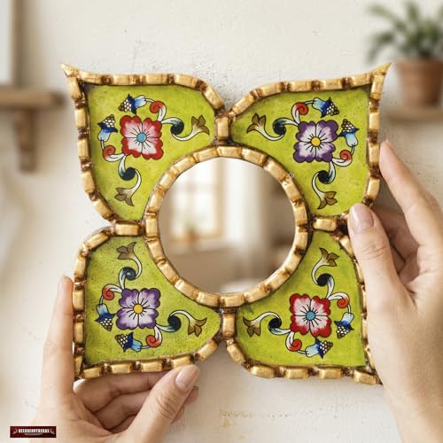 Peruvian Wall Mirror Lime Green Hand Painted Glass Diamond | Handmade decorative mirror, bronze leaf finish, unique artisan wall art, luxury home accents, square or diamond dual display - color: Green