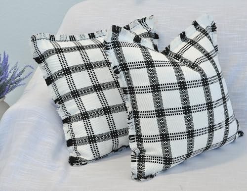 Checkered Throw Pillow Covers with Fringe Set of 2 Woven Cotton Plaid Cushion Covers With Tassels Trim Edge Square Pillow Cases Classic Scandinavian Cottagecore Checks Pattern Black and White 18x18 - color: Black, size: 18" x 18" (Pack of 2)