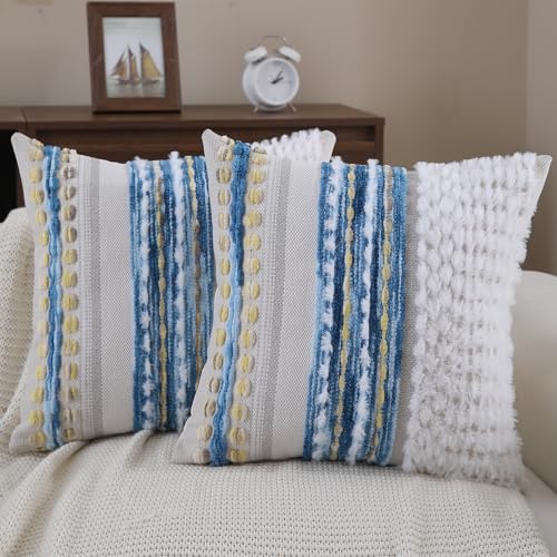 Boho Throw pillow covers 18x18 set of 2 farmhouse decorative Couch pillow covers neutral Accent throw pillows covers striped outdoor cushion covers square textured chenille pillow cases for sofa bed - color: Z New Blue