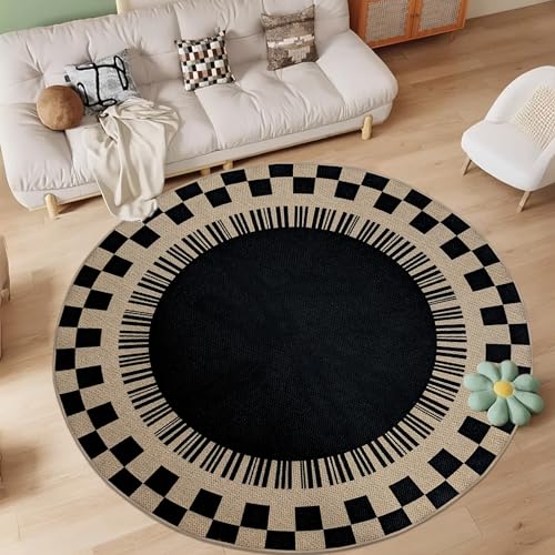Easy Jute Checkered Rug, 6Ft Round Modern Indoor Outdoor Farmhouse Carpet, Washable Non-Slip Thin Neutral Floor Mat for Living Room Patio Kids Pets Room Playroom Home Office Kitchen, Black - color: Black Checker, size: 6'