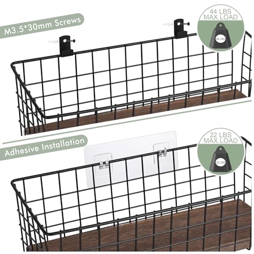 Wall Hanging Baskets 3 Pack, Diversified Wire Basket Shelves of Wooden Style, with Wall Mounted Hooks & Traceless Stickers, for Kitchen Coffee Bar Office Room Garage Storage Organization (Extra Large) - size: Extra Large