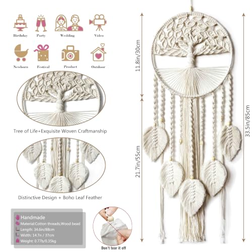 Large Tree of Life Dream Catchers, Macrame Wall Hanging Boho Handmade Woven Dream Catcher Macrame Wall Decor Art for Adults Boys Girls Bedroom Wedding Party Decor, Festival Blessing Gift（Light Beige）