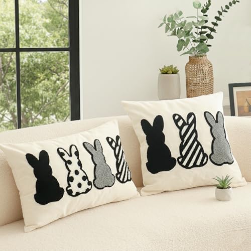 Jonhier Easter Bunny Throw Pillow Cover, Boho Black and White Neutral Rabbit Pillowcase for Living Room Bedroom, Modern Farmhouse Tufted Embroidery Cushion Case for Spring Home Decor, 18 x 18 inch - size: 18" x 18" (Pack of 1)