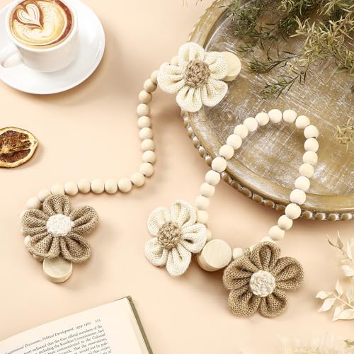 2 Pcs Beaded Sunflower Magnetic Curtain Tiebacks Boho Wooden Curtain Tie Backs for Farmhouse Curtains Holders for Bedroom Decor Baby Nursery Decor for Home Office (Linen,Boho Style) - style: Boho Style