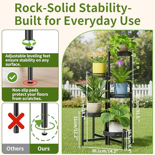 Plant Stand Indoor Outdoor, 5 Tier Corner Metal Flower Display Holder Shelf, Folding Tall Rack for Patio Balcony Porch Garden Living Room House, Heavy Duty Wrought Iron Plant Shelf- BlackWave - color: BlackWave, size: 5-tiers