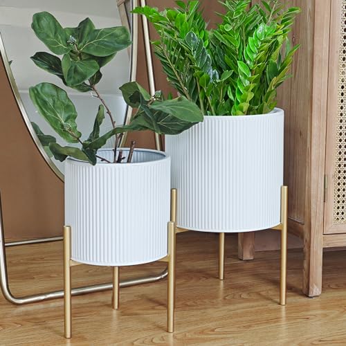 ARNIS Modern Planter Pots, Set of 2 Round Large Planters with Stand, Decorative Floor Planters, Metal Pots with Drainage Holes for Living Room, Office, Garden or Balcony, 8.25 &10.5 Inch, White & Gold - color: White, size: 8.25 &10.5