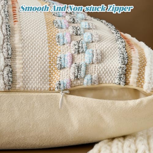AmHoo Chenille Striped Textured Boho Throw Pillow Covers Aesthetic with Tassels Woven Decorative Pillow Case for Couch Bed Sofa Bedroom Modern Funky 18 x 18-Inch White Multicolor - color: White Multicolor, size: 18" x 18" (Pack of 1)