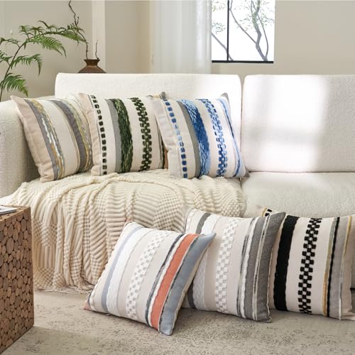 Aeckself Boho Throw Pillow Covers 18x18 Inch Set of 2, Farmhouse Decorative Striped Square Pillow Covers Chenille Tufted Pillow Cases Accent Neutral Pillowcase for Living Room Couch Bed, Black - color: Black