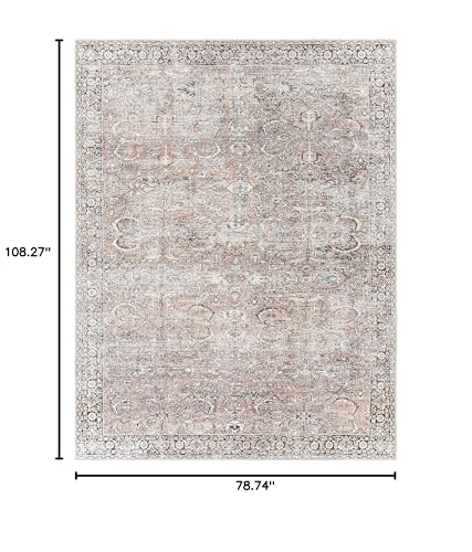 Hauteloom Handel Machine Washable Area Rug - Floral Border Medallion Distressed Faded - Traditional Oriental Transitional Oushak Vintage - Dusty Pink, Rust, Navy, Brown, Gray - 6'7" x 9' - color: Dusty Pink, Rust, Navy / Noda, size: 6'7" x 9' (Rectangular