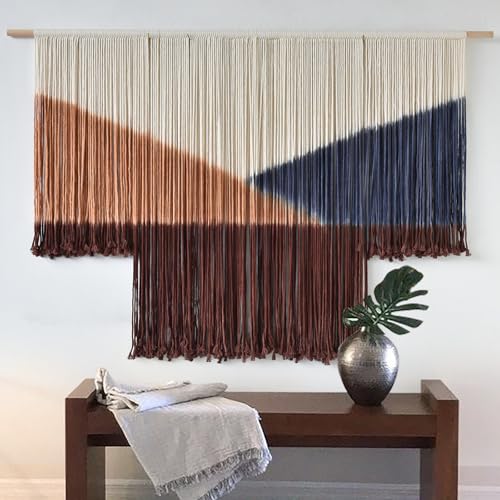 Jakalin Macrame Wall Hanging Geometric Boho Tapestry Dip Dyed With Modern Shapes, 57" W x 39" L Macrame Wall Art for Living Room or Bedroom Decor - color: Brown and Deep Blue