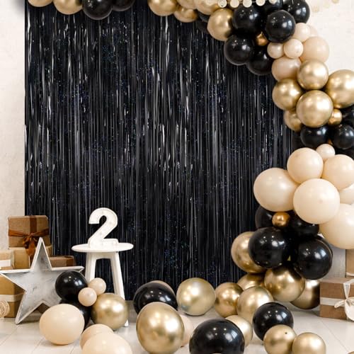 2 Pack Fringe Curtains Backdrops, Foil Fringe Curtains, Door Streamers for Birthday Wedding Bridal Shower Holiday Graduation Party Decorations, Photo Booth Backdrops, Glitter Black - color: Glitter Black